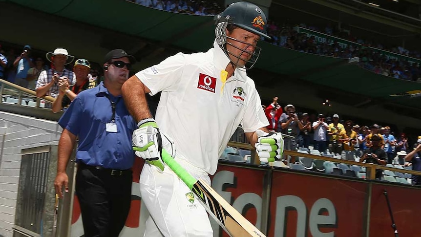 Last goodbye... Ricky Ponting enters the field for his final Test innings.