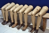 Prosthetic legs lined up against a wall
