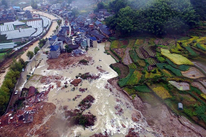 An aerial view shows a landslide area in Sucun village in eastern China.