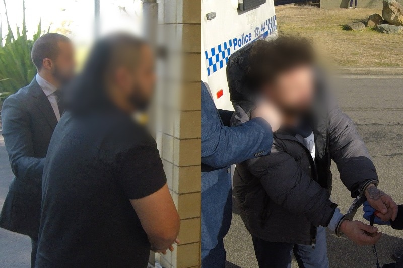 composite image of two man, faces blurred, being arrested by police