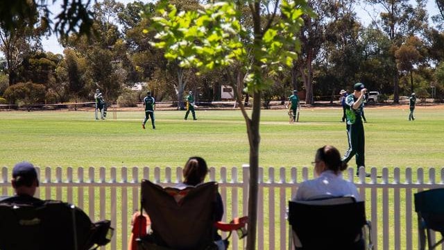 A game of cricket on a green pitch surrounded by gum trees is watched by four spectators on camp chairs.