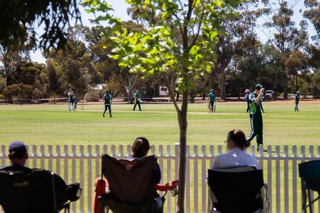 A game of cricket on a green pitch surrounded by gum trees is watched by four spectators on camp chairs.