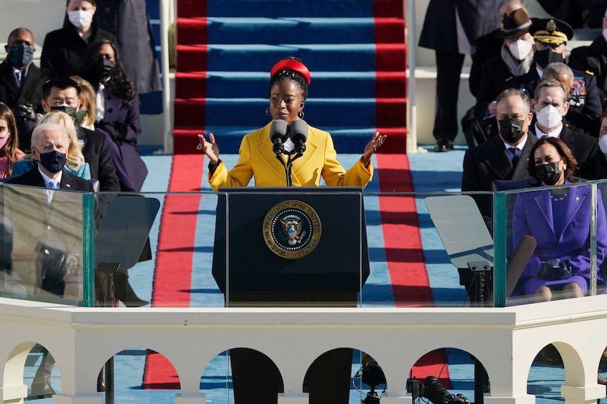 American poet Amanda Gorman delivers a searing rendition of her poem 'The Hill We Climb' during the  inauguration ceremony.