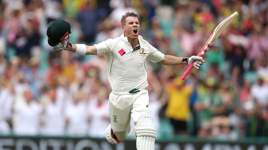 David Warner celebrates ton before lunch at the SCG