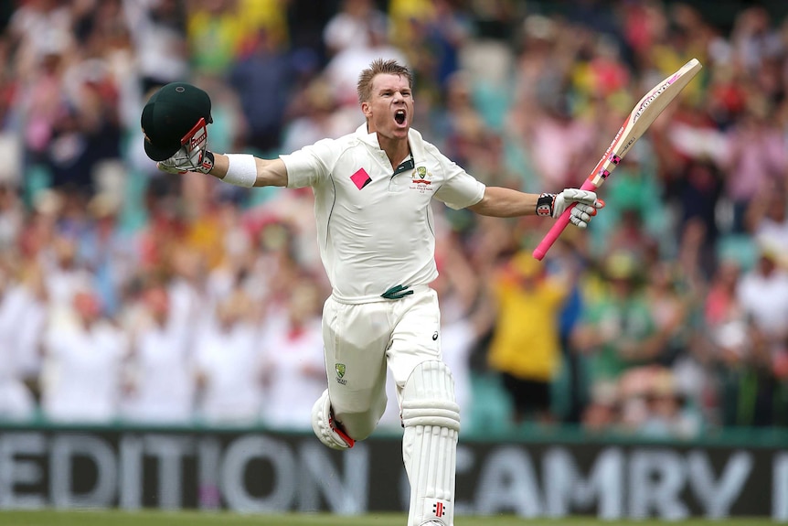 David Warner celebrates ton before lunch at the SCG