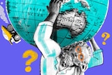 Illustration of a man holding the earth on his shoulders with question marks to depict a job that goes against ethics.