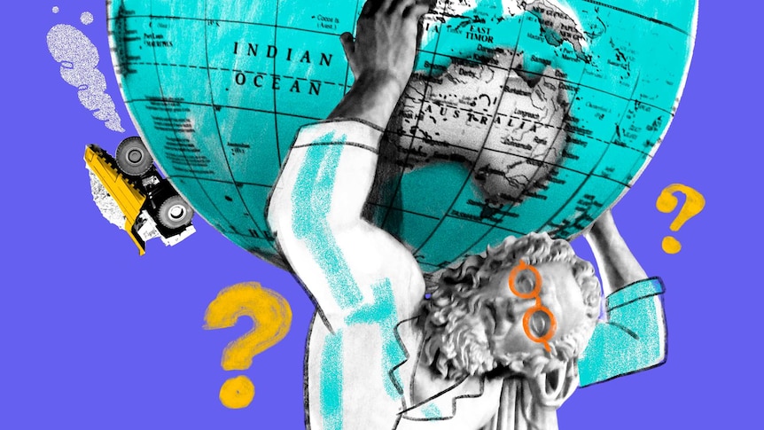 Illustration of a man holding the earth on his shoulders with question marks to depict a job that goes against ethics.