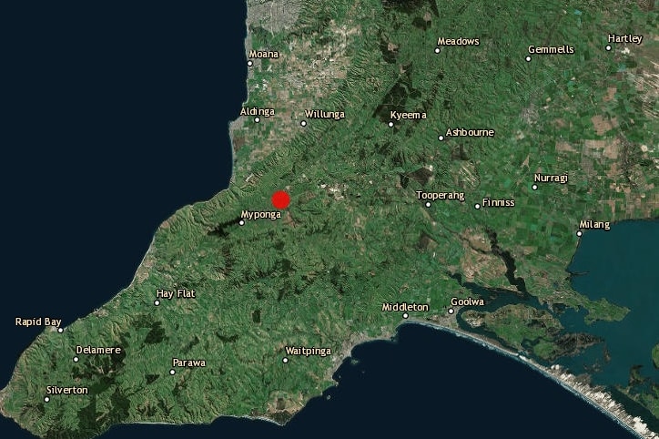 A map of SA's Fleurieu Peninsula with a red dot marking an earthquake.