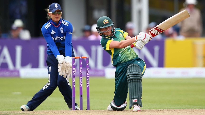 Australia's Meg Lanning hits out against England in second women's Ashes ODI in Bristol.