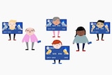 Illustration shows people in credit card-shaped stocks.