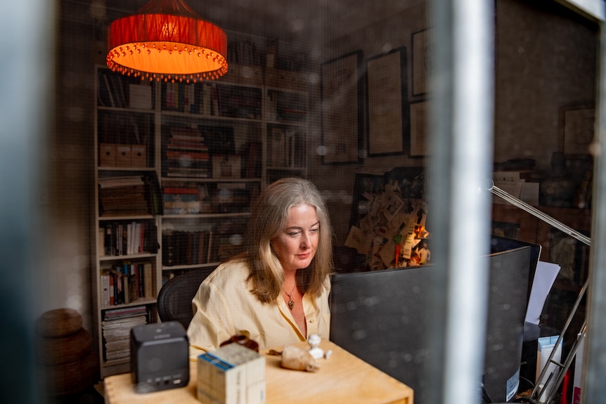 A woman can be seen through an exterior window sitting at a computer in a study. A wall of books can be seen behind her 