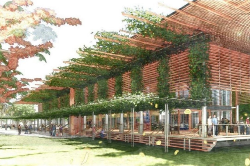 An artist's impression of the front of the proposed RSL showing a grassy lawn and a red building.
