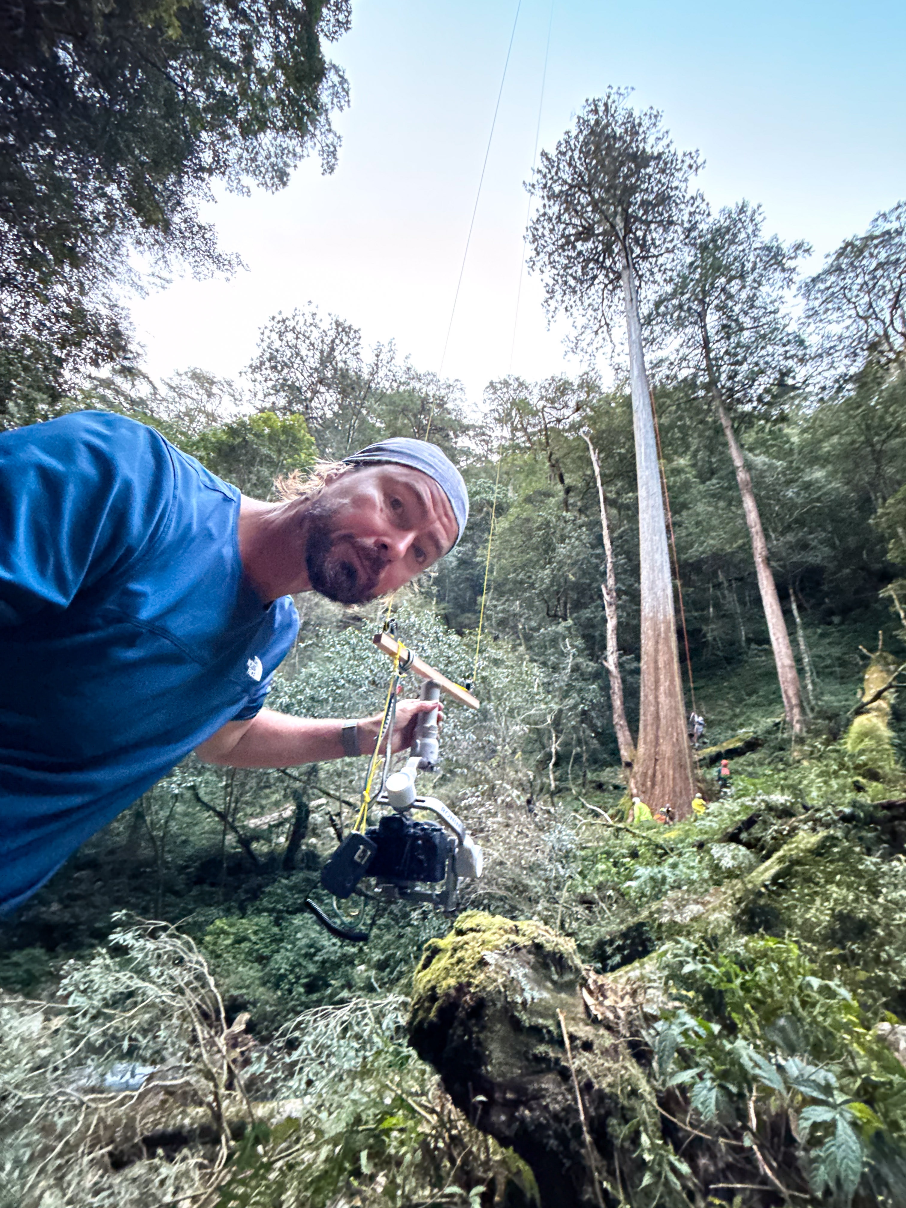 Un hombre tiene una cámara colgada de una cuerda que cae de un árbol.