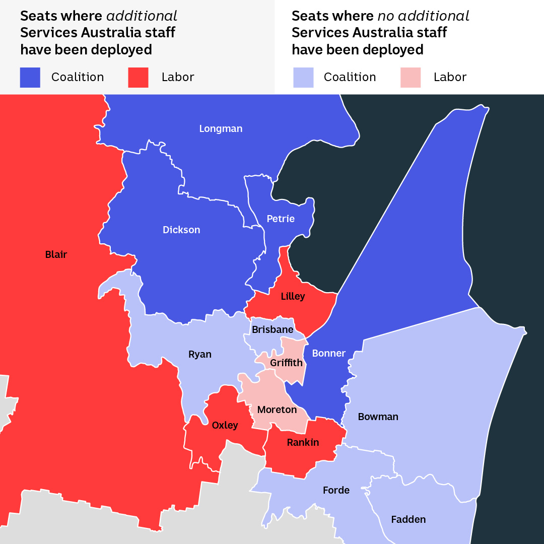 A colour-coded map of Queensland seats, showing additional Services Australia staff have been spread throughout.