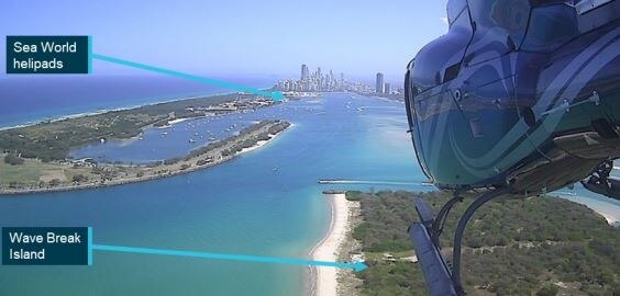 Chopper looking across the Gold Coast Broadwater with the city in the background