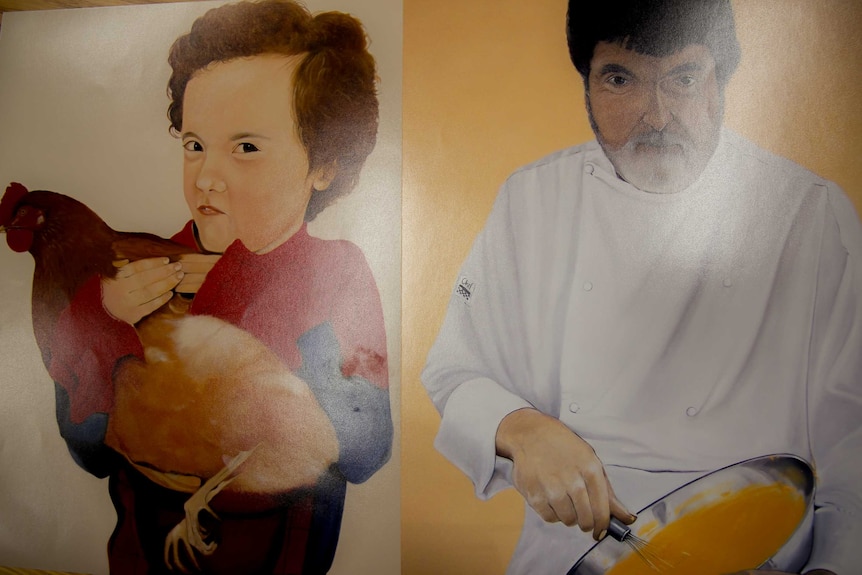 Two paintings side by side of a boy holding a chicken and a chef in his white uniform
