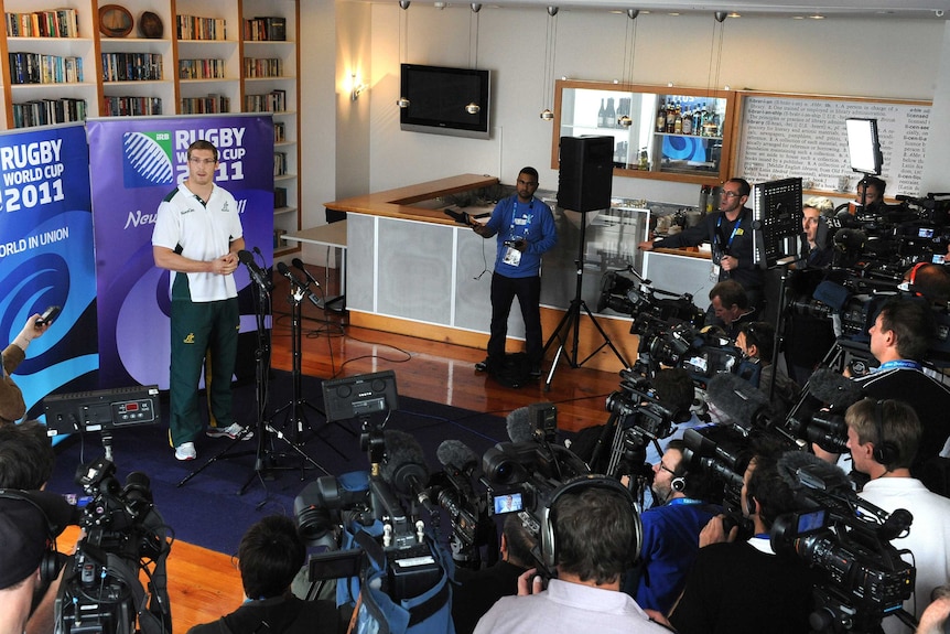 Dan Vickerman fronts a press conference at the 2011 Rugby World Cup