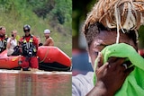 A composite of two photos. On left a rescue boat goes through floodwaters. On right a black woman wipes sweat from her face
