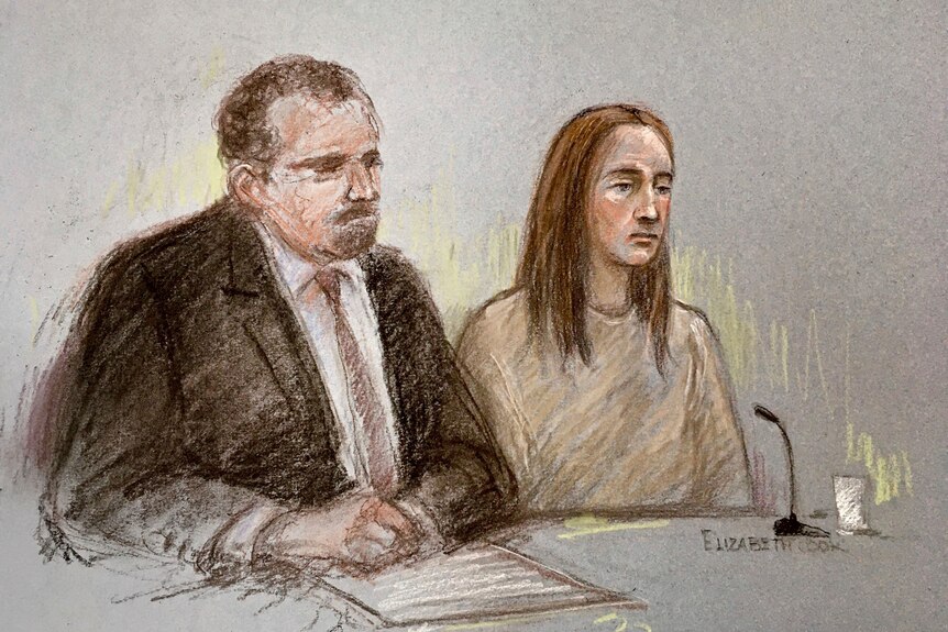 A court sketch shows a woman in beige prison uniform sitting next to a man in a suit at a desk