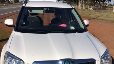 A white SUV with bullet marks on the windscreen and bonnet.