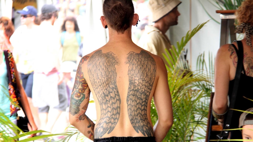 One of the many tattoos on display at the Woodford Folk Festival.