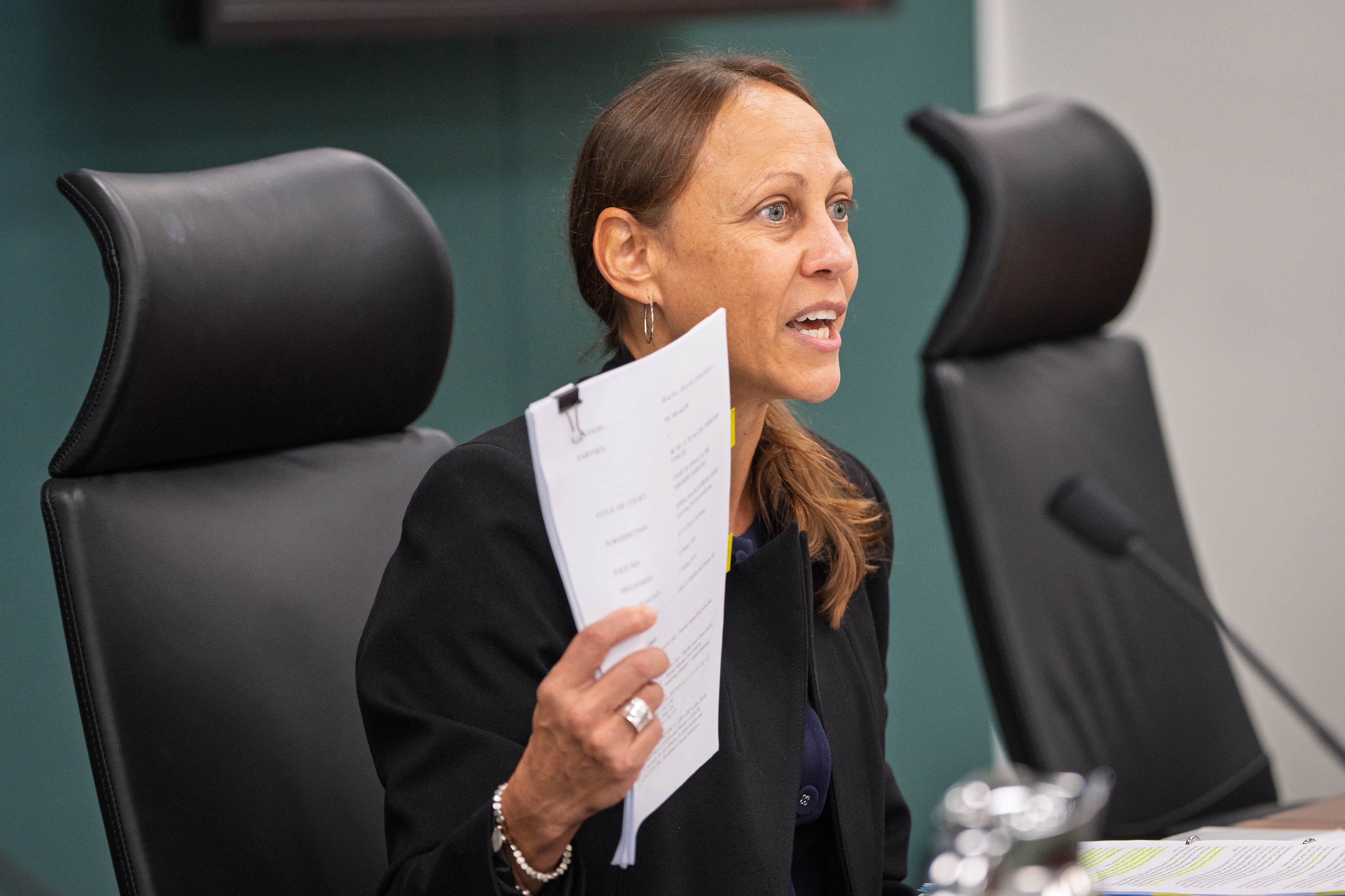 A woman holding up a pile of paperwork, speaking passionately into a microphone.