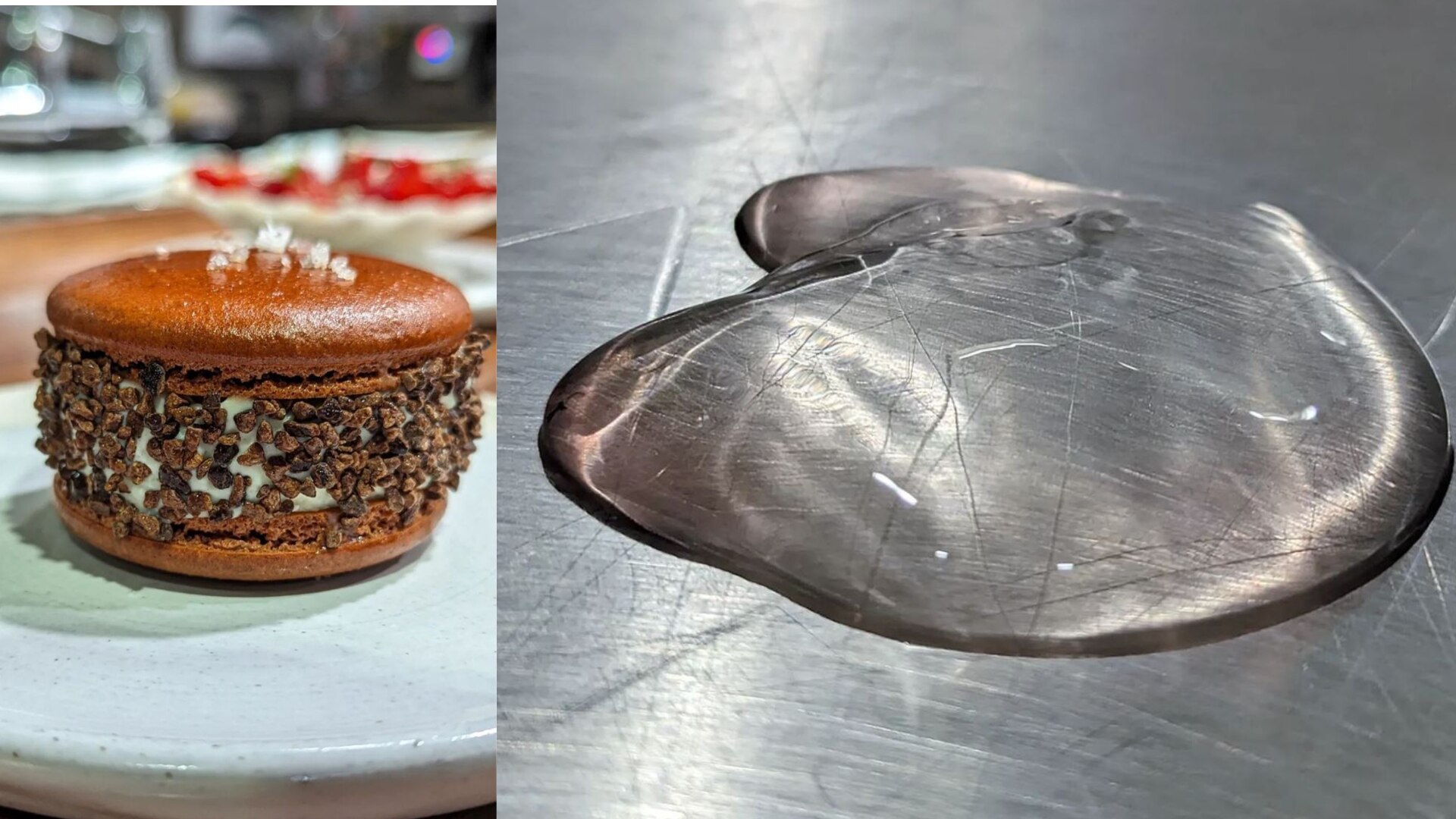 Composite image showing a chocolate macaroon with ice cream inside and a clear jelly like substance on a steel surface