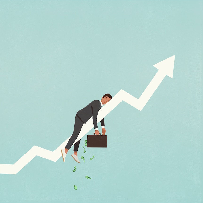 Cartoon of a man in a suit laying on an upwards arrow. He's holding a briefcase of money, he looks sad.