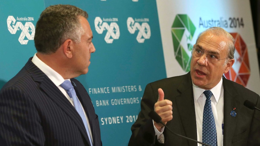 Joe Hockey and Angel Gurria on day one of the G20 summit in Sydney, Feb 21, 2014
