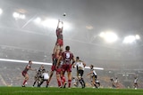 The Reds' Rob Simmonds in the line out as the fog rolls in as Reds play the Brumbies at Lang Park.