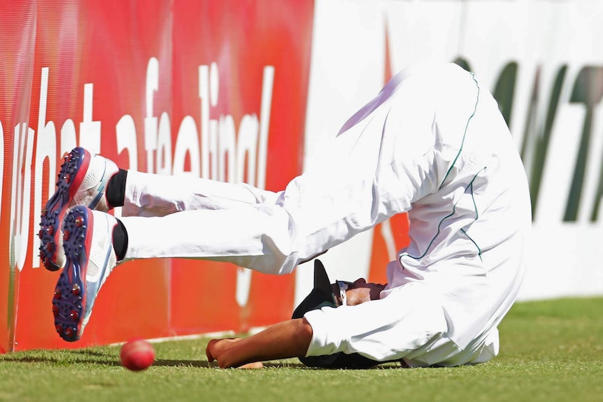 Tough day at the office... Proteas substitute fieldsman Robin Peterson tries and fails to stop yet another six.