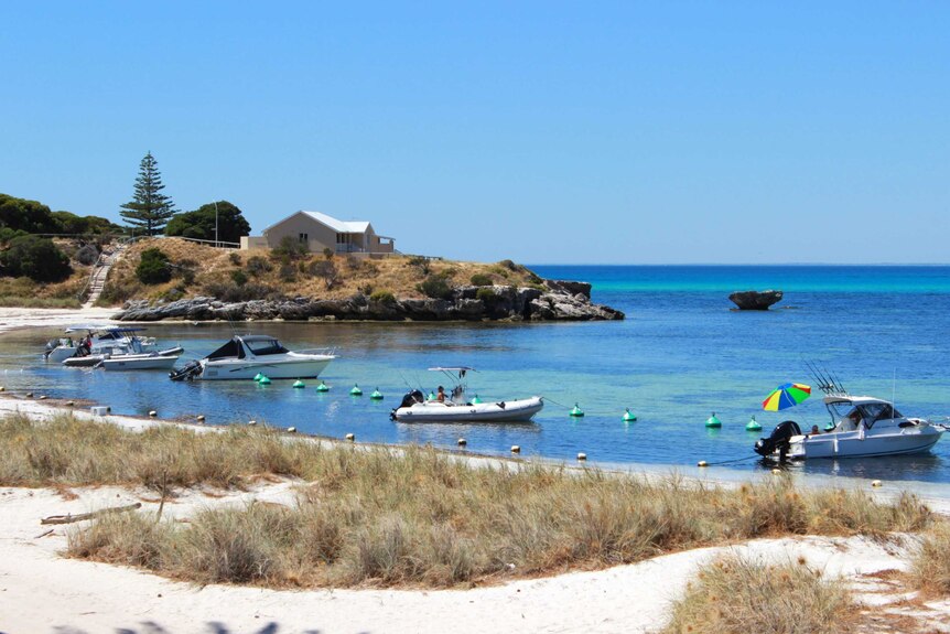Boats docked in a calm blue bay on Rottnest Island