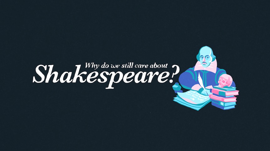 Cartoon style illustration of William Shakespeare with pen in hand and a pile of books on his desk.