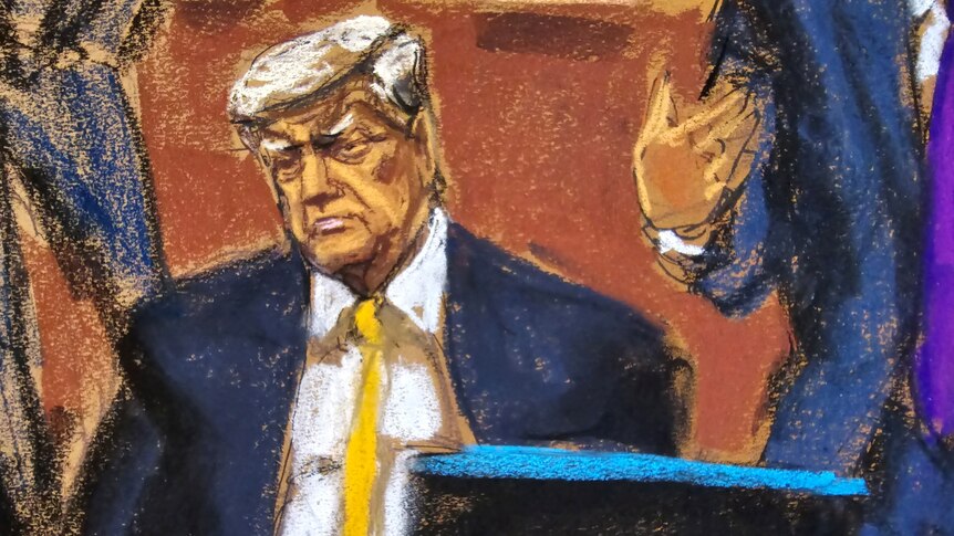 A drawing of Donald Trump, wearing a blue suit and yellow tie in a courtroom, with an unhappy facial expression.