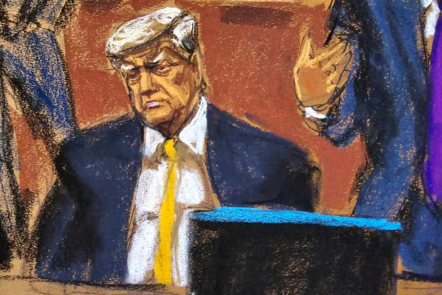 A drawing of Donald Trump, wearing a blue suit and yellow tie in a courtroom, with an unhappy facial expression.