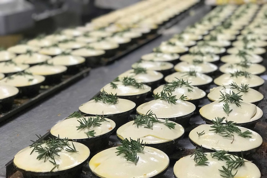 Dozens of small pies being prepared in round tins.