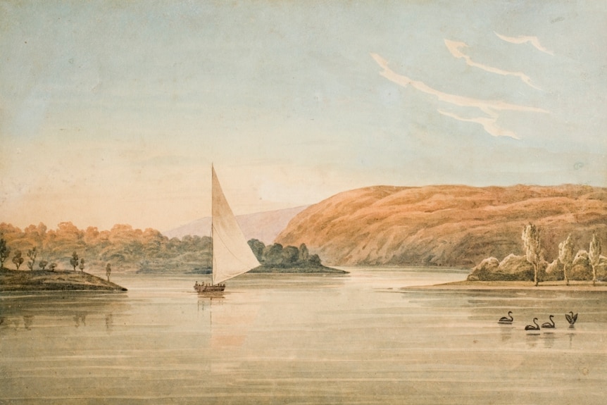 Watercolour artwork -  Mount Eliza, 15 miles from the entrance of Swan River, Western Australia 1827.