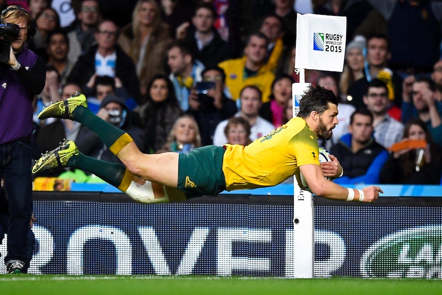 Adam Ashley-Cooper flies through the air to score a try against Argentina during the Rugby World Cup semi-final.