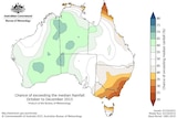 Map of Australia showing southeast corner 20 per cent of median rainfall and central Australia higher than median rain