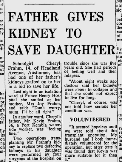 1967 Sydney Morning Herald article detailing Cheryl Frahm's life saving transplant