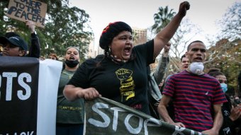 A woman in Belmore Park in the Black Lives Matter protest