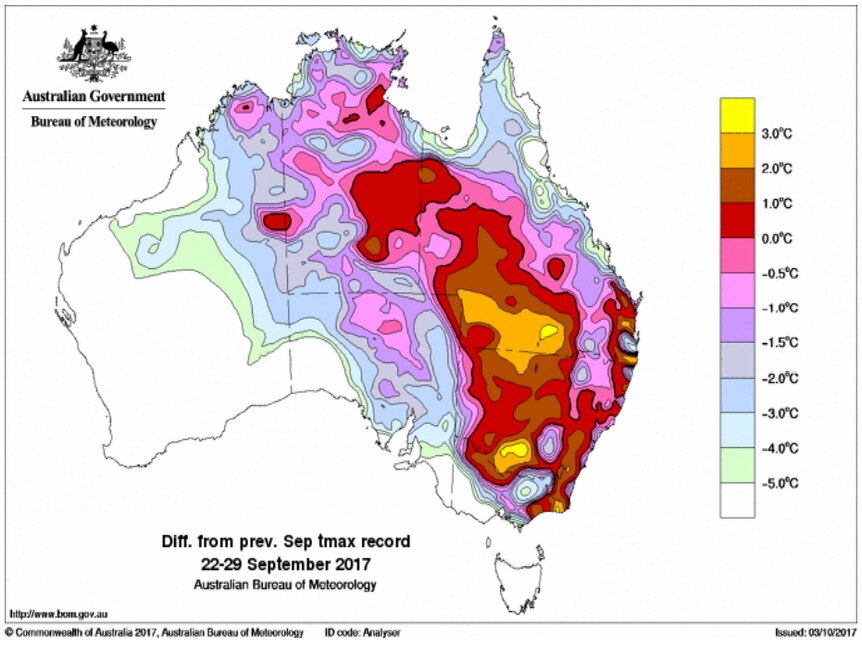 Map of Australia where areas of greatest difference are in red and yellow going from central western QLD through most NSW