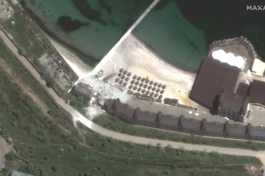 Satellite image of a destroyed building.