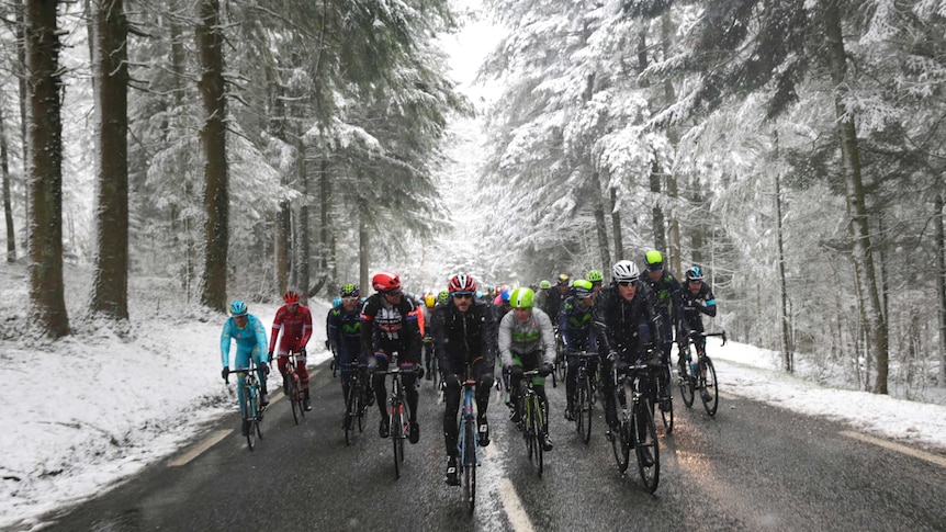 Peloton rides through snow on third stage of 2016 Paris-Nice race between Cusset and Mont Brouilly.