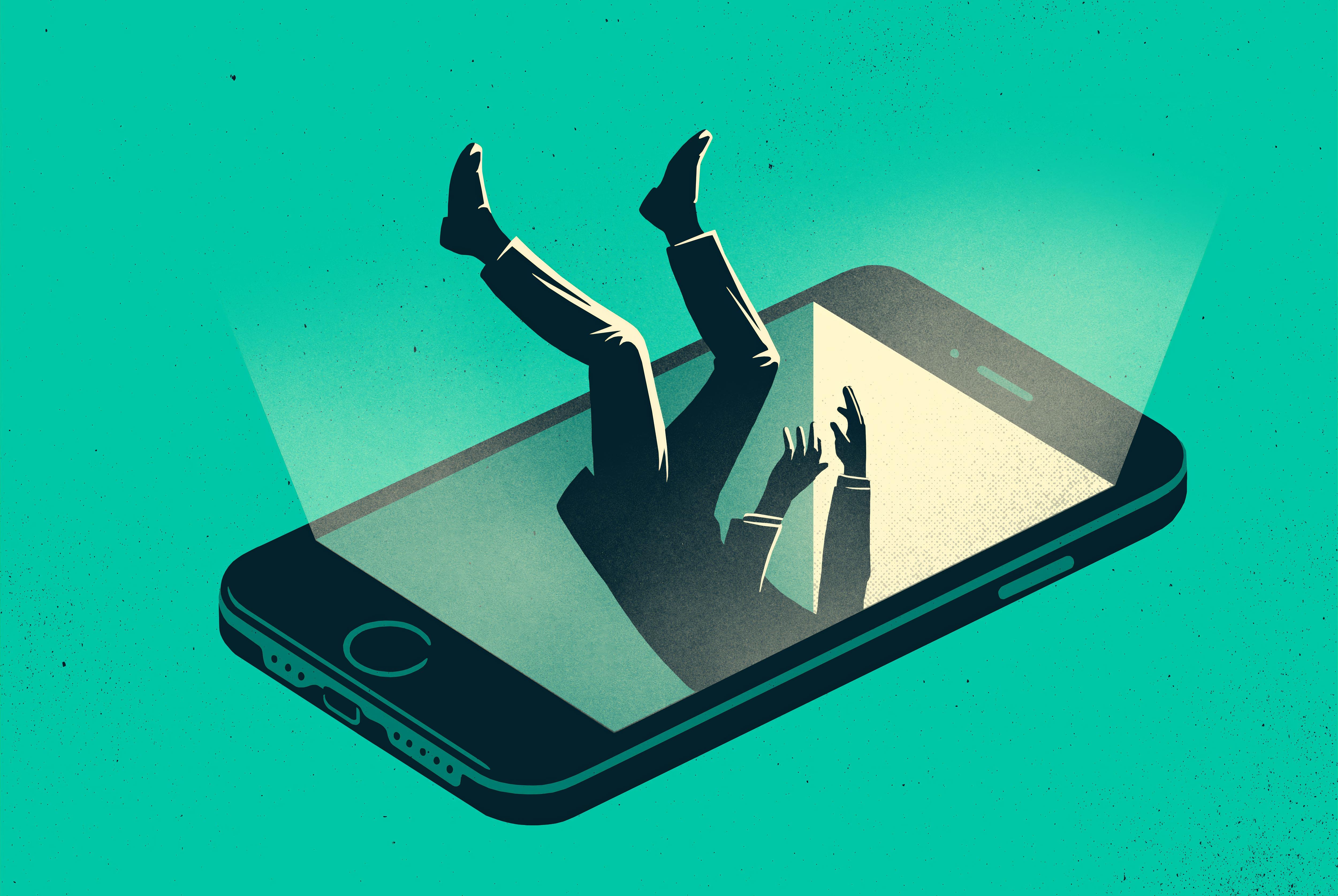 Green and black monochromatic illustration of a person falling into a giant smartphone screen.