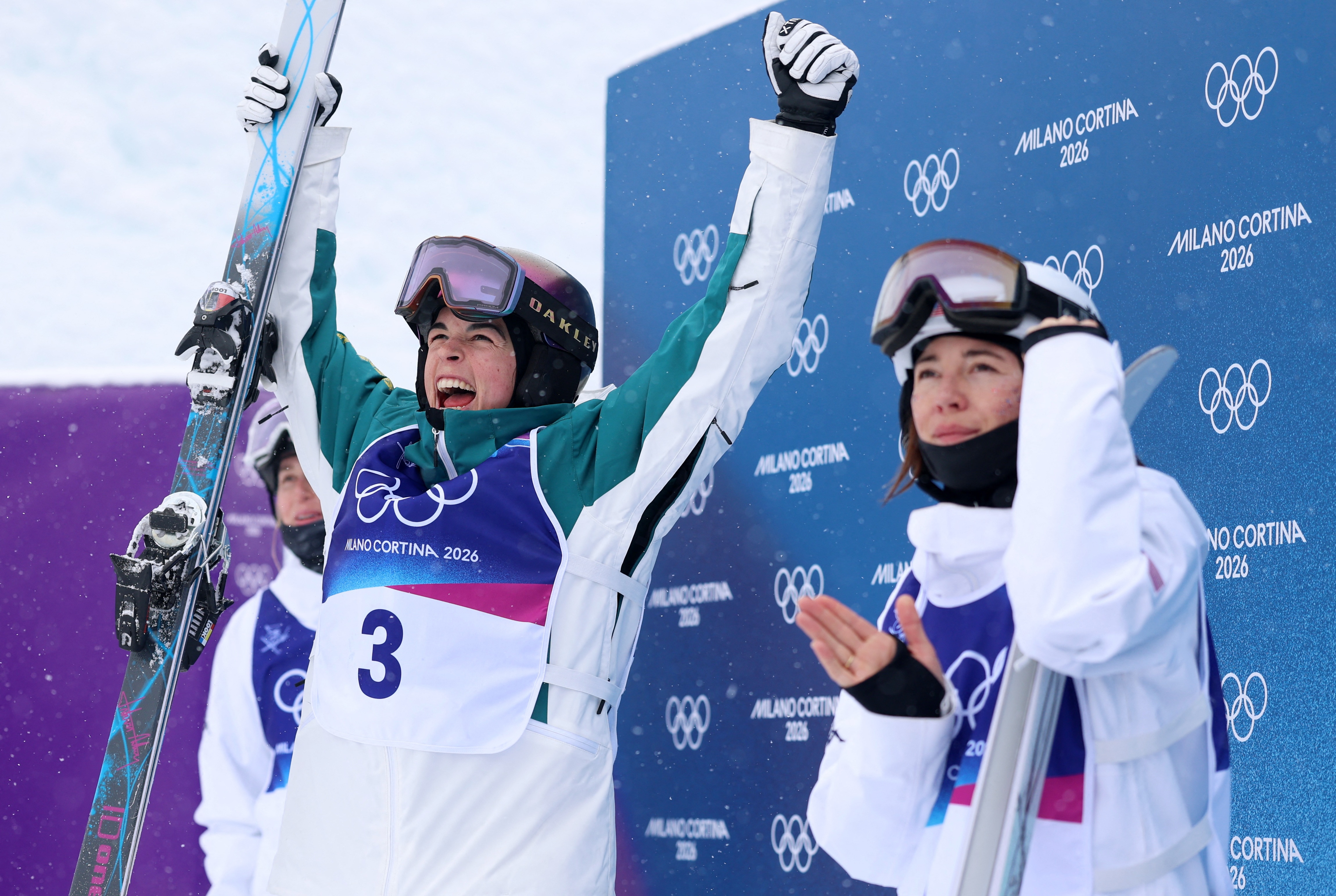 Jakara Anthony celebrates winninf gold at the Winter Olympics.