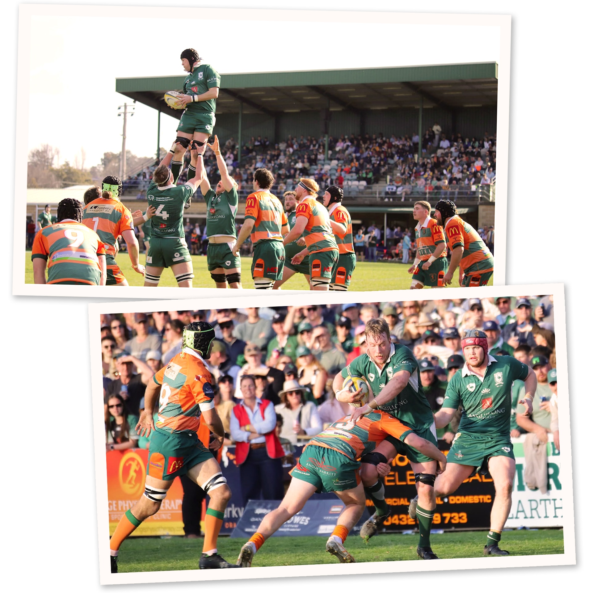Two images showing rugby players on the field tackling and throwing a player up high.