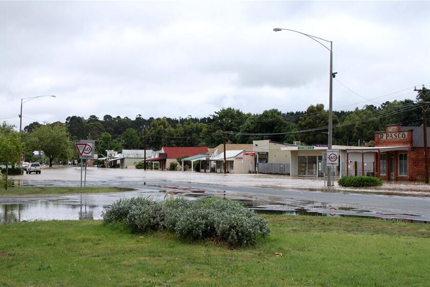 Creswick's main street inundated by flood water in 2011.