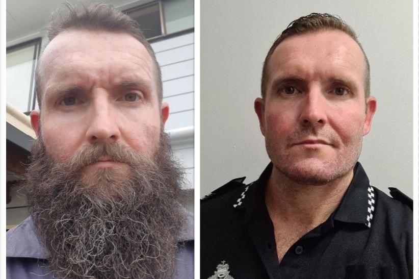 A composite image of a Queensland police officer before and after he shaved his beard during the coronavirus pandemic.