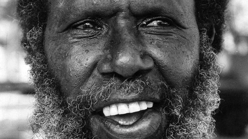 A close-up black and white photo of Eddie Mabo.